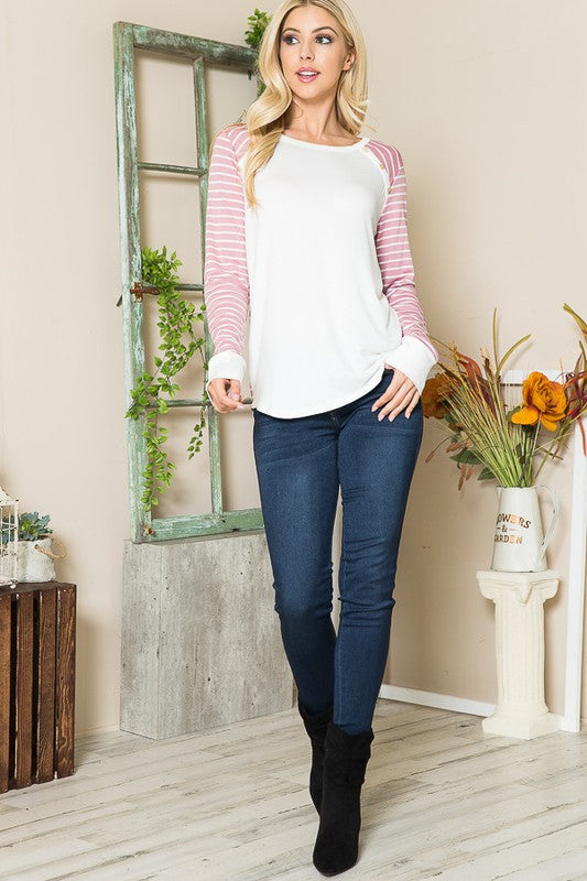 Viscose Crepe Knit Jersey Stripe Button Top