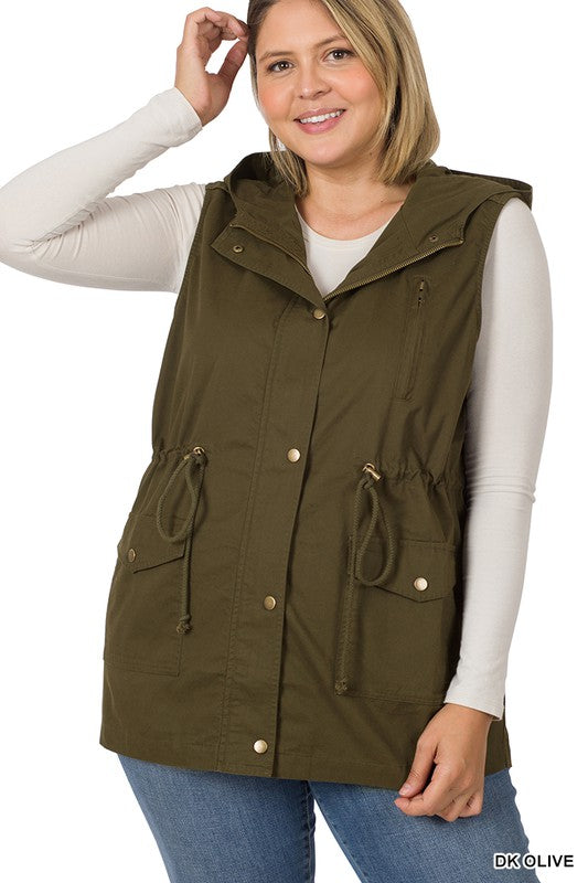 Zenana PLUS Drawstring Waist Military Hoodie Vest