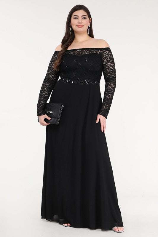La Scala Plus Size Long Sleeve Lace and Chiffon Gown
