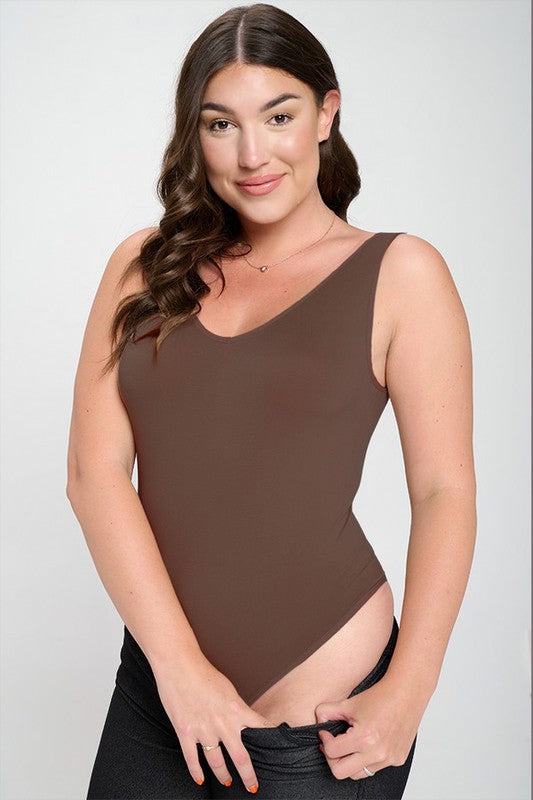 Yelete Reversible V-Neck Basic Tank Top Thong Bodysuit
