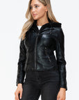 Snobbish Faux Leather Zip Up Drawstring Hooded Jacket