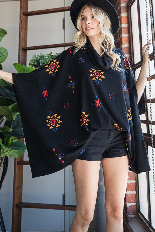 Jade by Jane Aztec Print Cowl Neck Oversized Poncho