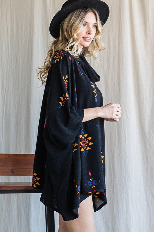 Jade by Jane Aztec Print Cowl Neck Oversized Poncho