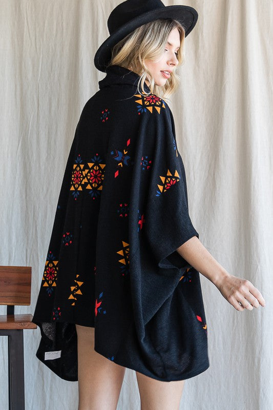 Jade by Jane Aztec Print Cowl Neck Oversized Poncho