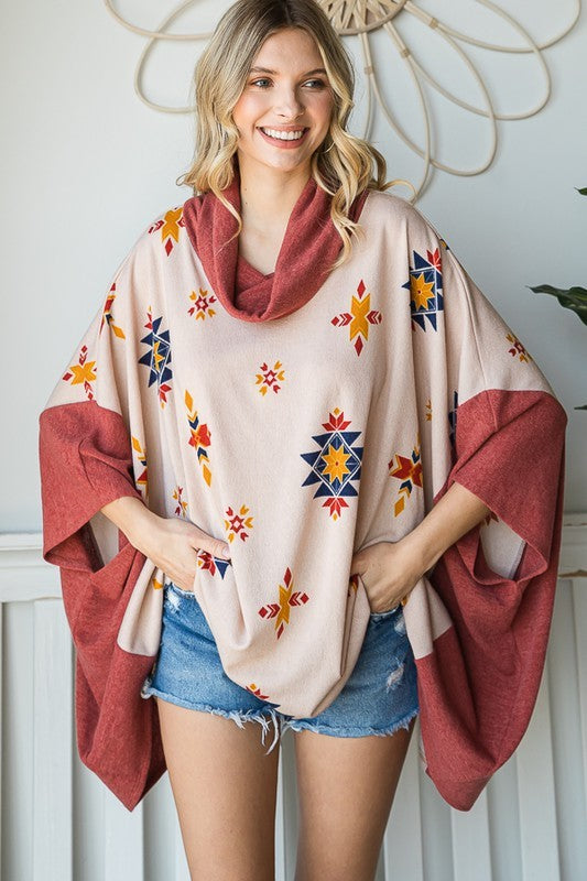 Jade By Jane Aztec Print Cowl Neck Oversized Poncho