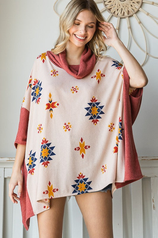 Jade By Jane Aztec Print Cowl Neck Oversized Poncho