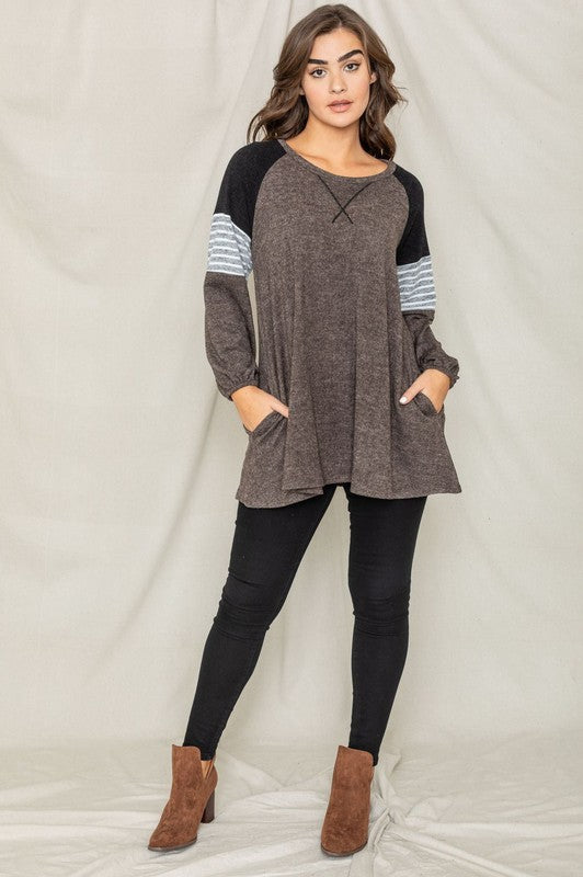 Plus Color Block Sleeve A Line Tunic