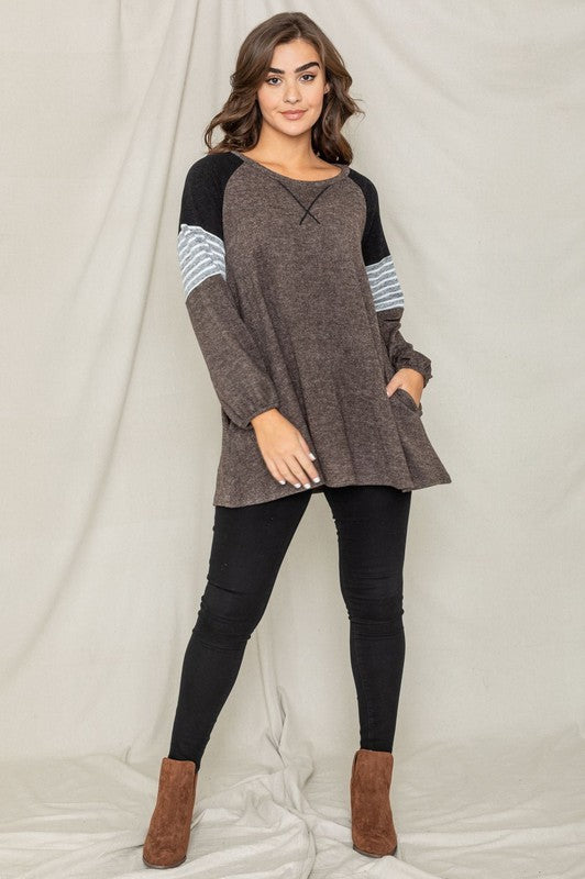 Plus Color Block Sleeve A Line Tunic