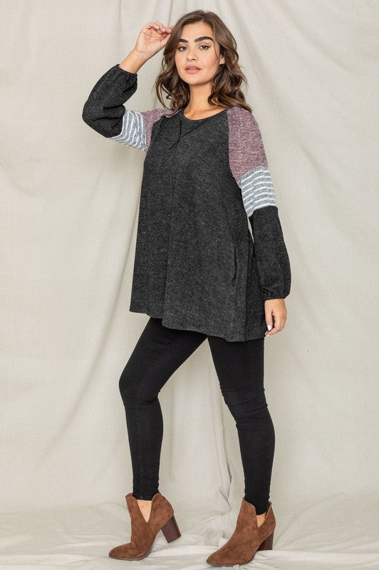 Plus Color Block Sleeve A Line Tunic