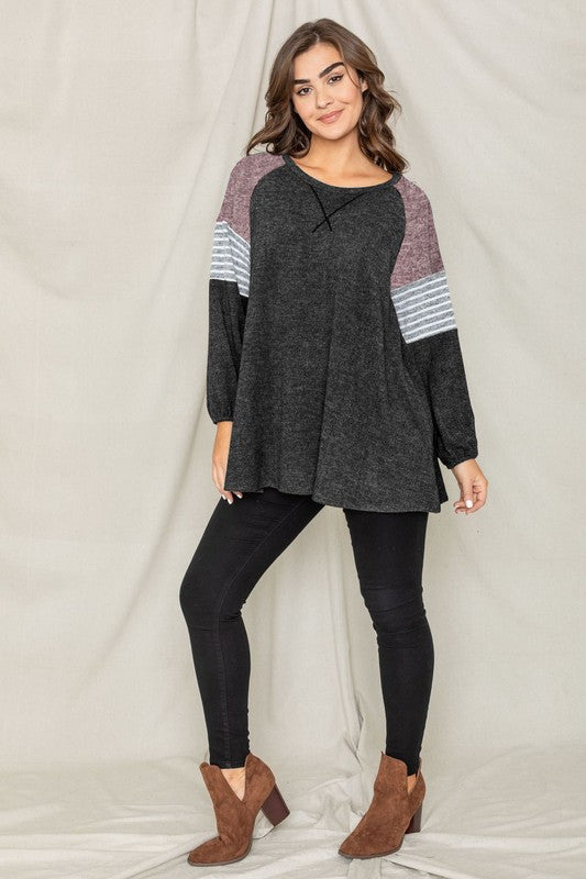 Plus Color Block Sleeve A Line Tunic