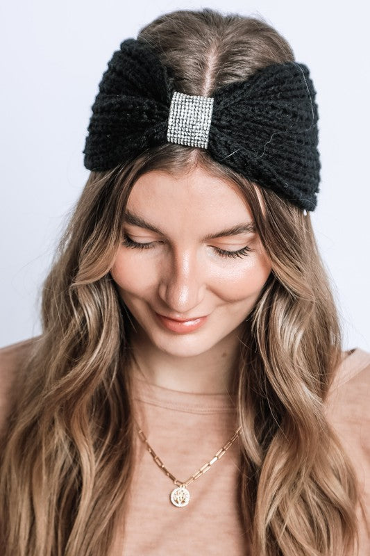 Winter Rhinestone Bow Knitted Head Band