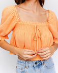 LE LIS Puff Sleeve Smocking Detail Flared Top