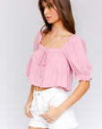 LE LIS Puff Sleeve Smocking Detail Flared Top