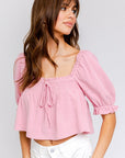 LE LIS Puff Sleeve Smocking Detail Flared Top