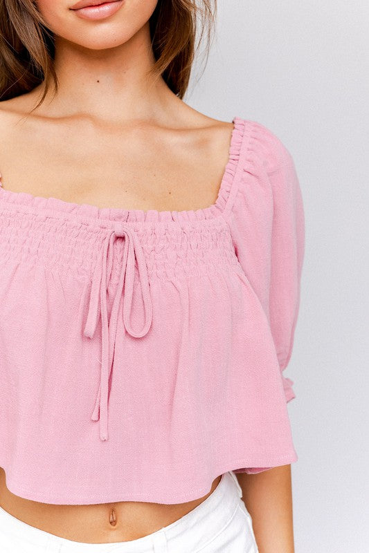 LE LIS Puff Sleeve Smocking Detail Flared Top