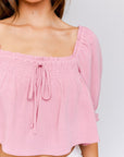 LE LIS Puff Sleeve Smocking Detail Flared Top