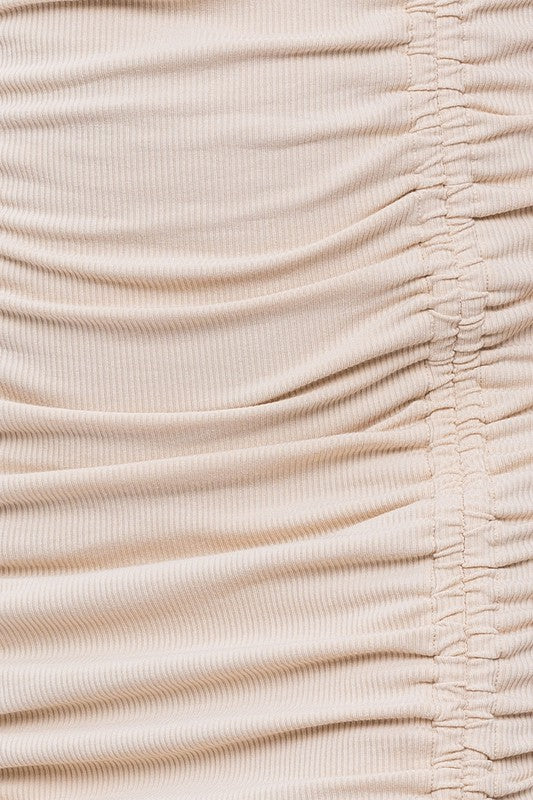 LE LIS Round Neck Short Sleeve Shirring Mini Dress
