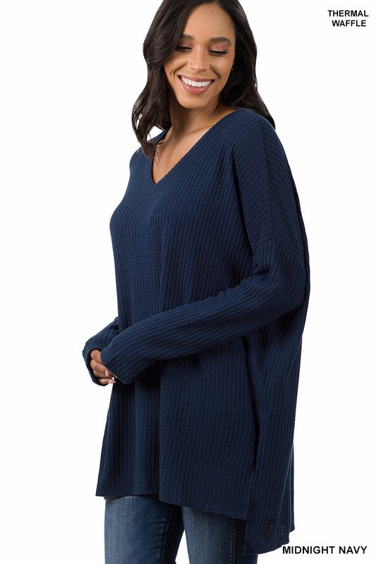 Zenana Brushed Thermal Waffle V-Neck Hi Low Hem Sweater