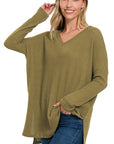 Zenana Brushed Thermal Waffle V-Neck Hi Low Hem Sweater - Online Only