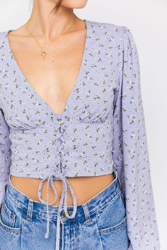LE LIS Puff Sleeve Lace-Up V-Neck Top