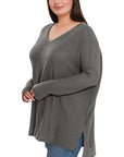 Zenana Plus Brushed Thermal Waffle V-Neck Sweater - My Pampered Life Seattle