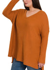 Zenana Plus Brushed Thermal Waffle V-Neck Sweater - Online Only