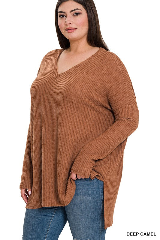 Zenana Plus Brushed Thermal Waffle V-Neck Sweater - Online Only