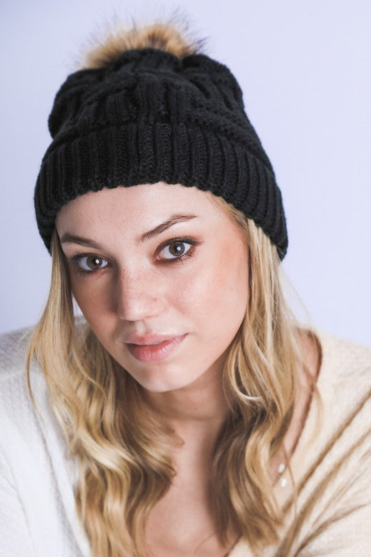 Braided Knit Fur Pom Beanie