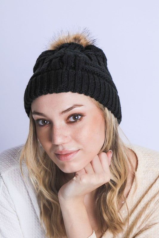 Braided Knit Fur Pom Beanie