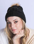 Braided Knit Fur Pom Beanie