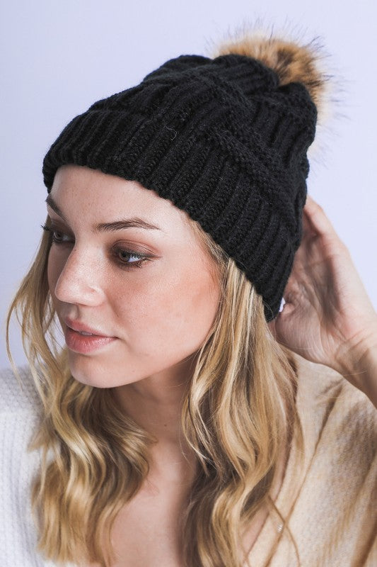 Braided Knit Fur Pom Beanie