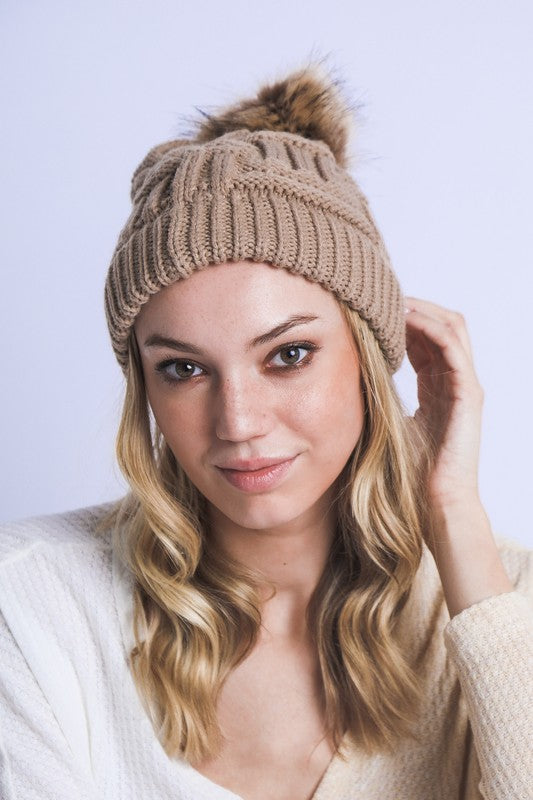 Braided Knit Fur Pom Beanie