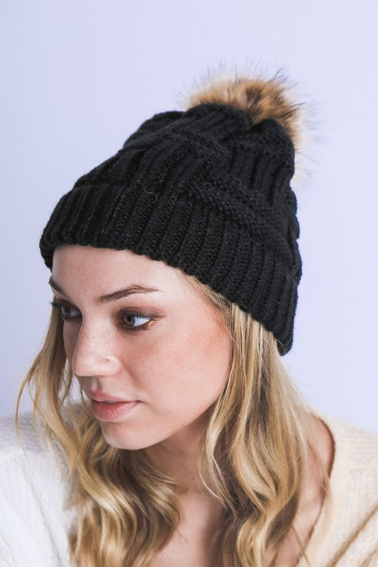 Braided Knit Fur Pom Beanie