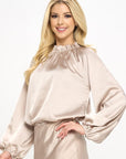 Solid Satin Ruffle Mock Neck Top