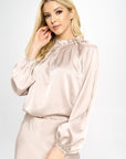 Solid Satin Ruffle Mock Neck Top