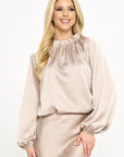 Solid Satin Ruffle Mock Neck Top