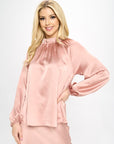 Solid Satin Ruffle Mock Neck Top