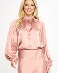 Solid Satin Ruffle Mock Neck Top