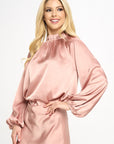 Solid Satin Ruffle Mock Neck Top