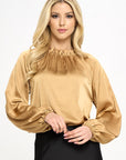 Solid Satin Ruffle Mock Neck Top