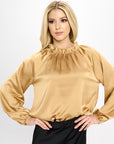 Solid Satin Ruffle Mock Neck Top