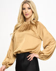 Solid Satin Ruffle Mock Neck Top