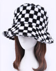 Checker Print Faux Fur Bucket Hat