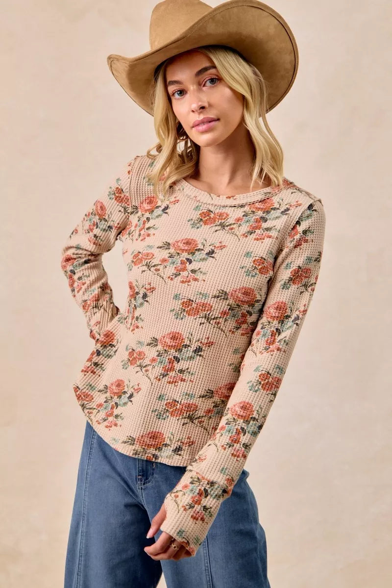 BiBi Floral Print Washed Waffle Thermal Top with Thumb