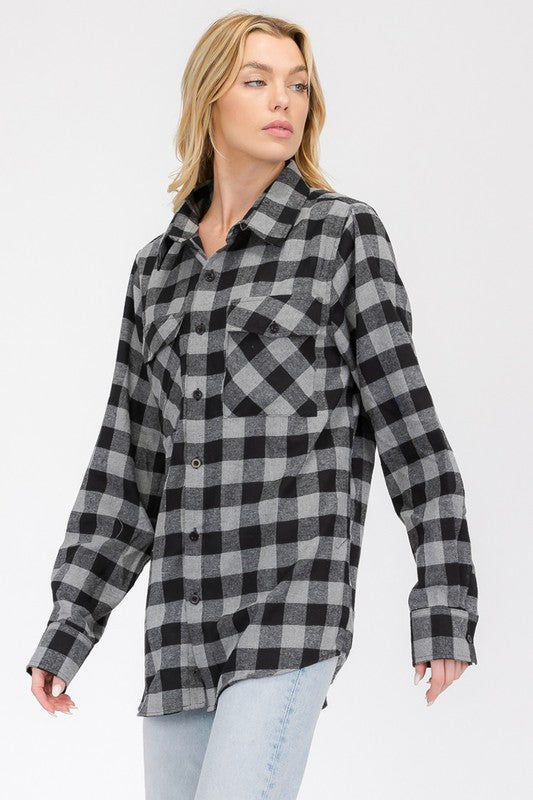 Boyfriend Fit Checker Plaid Flannel Long Sleeve