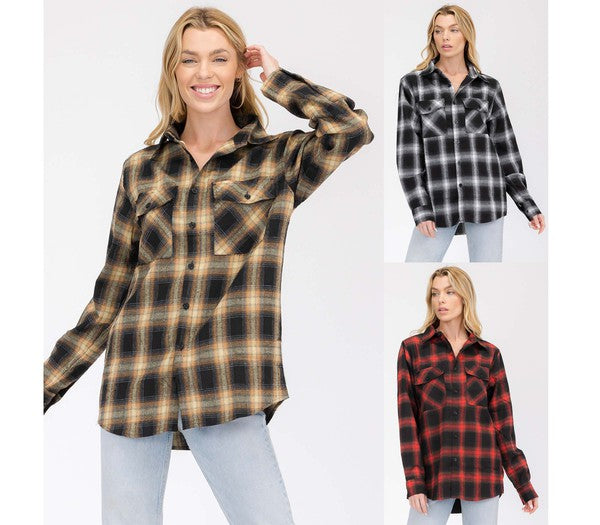 Boyfriend Fit Checker Plaid Flannel Long Sleeve