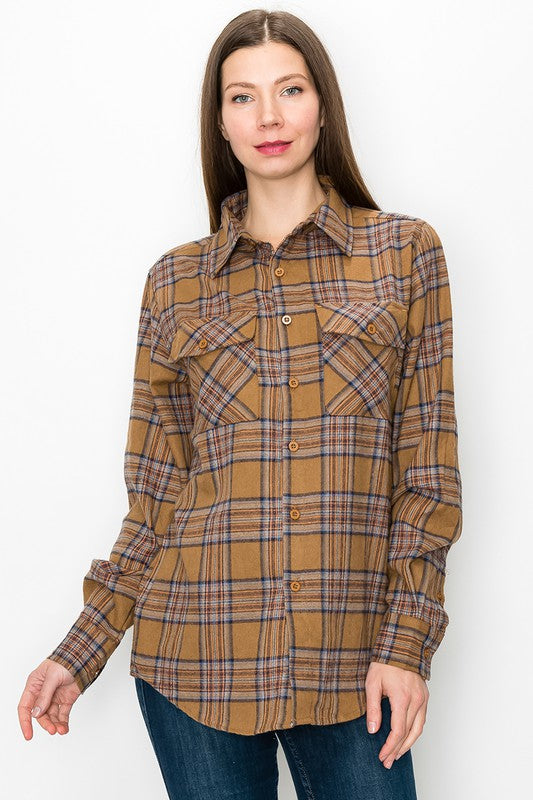 Boyfriend Fit Checker Plaid Flannel Long Sleeve Top