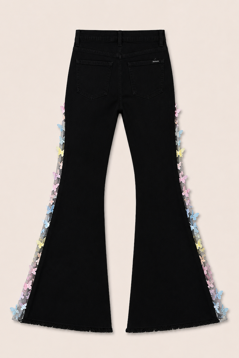 GJG Denim Mariposa Muse Butterfly Lace Bell Bottom Jeans — Black