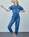 Denim Lab USA Collared Button Front Denim Jumpsuit