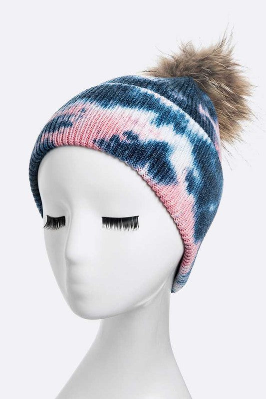 Tie Dyed Natural Natural Genuine Fur Pom Beanie